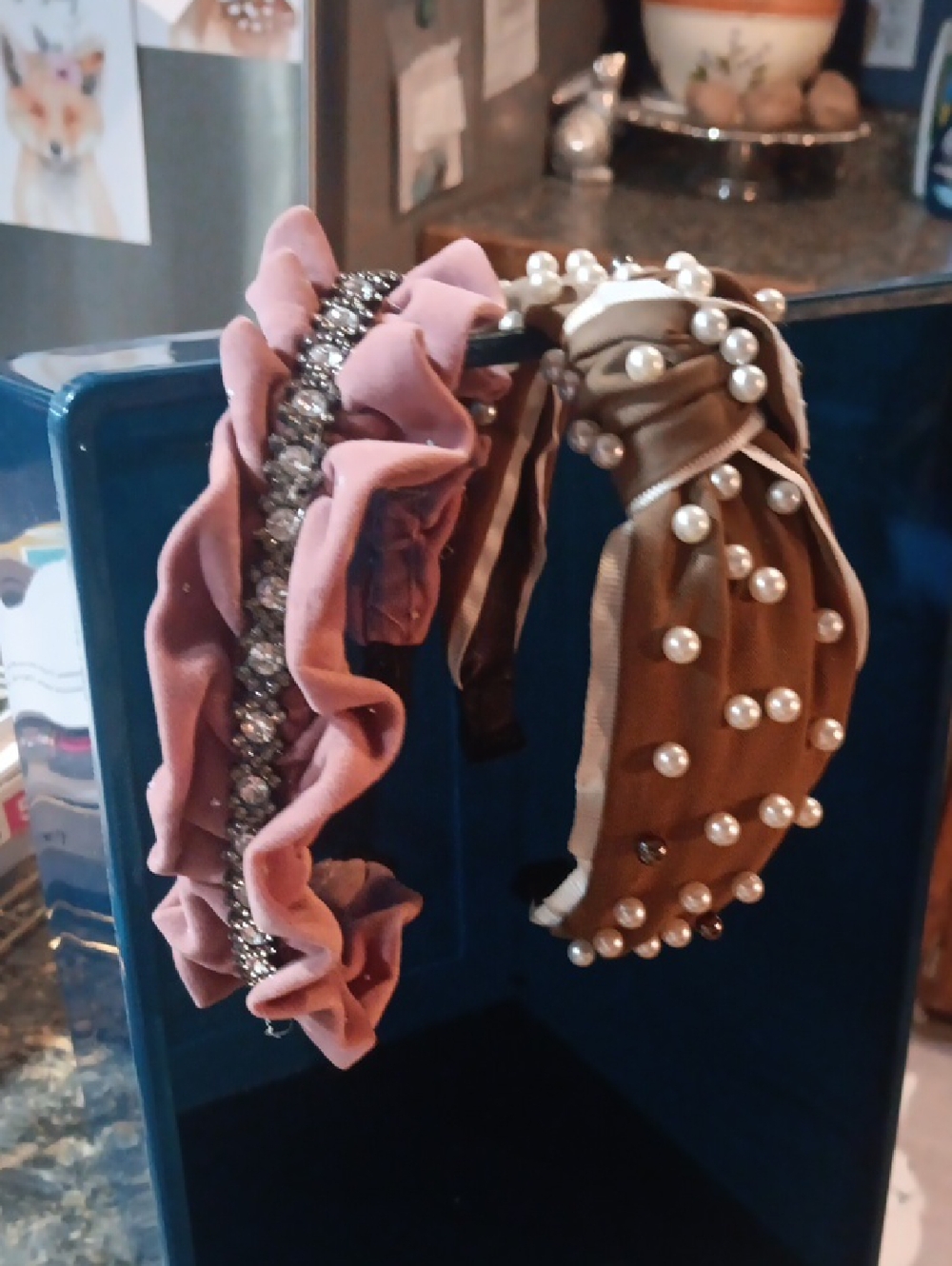 Pearl-Accent Brown Headband & Pink Ruffle Crystal Headband Set